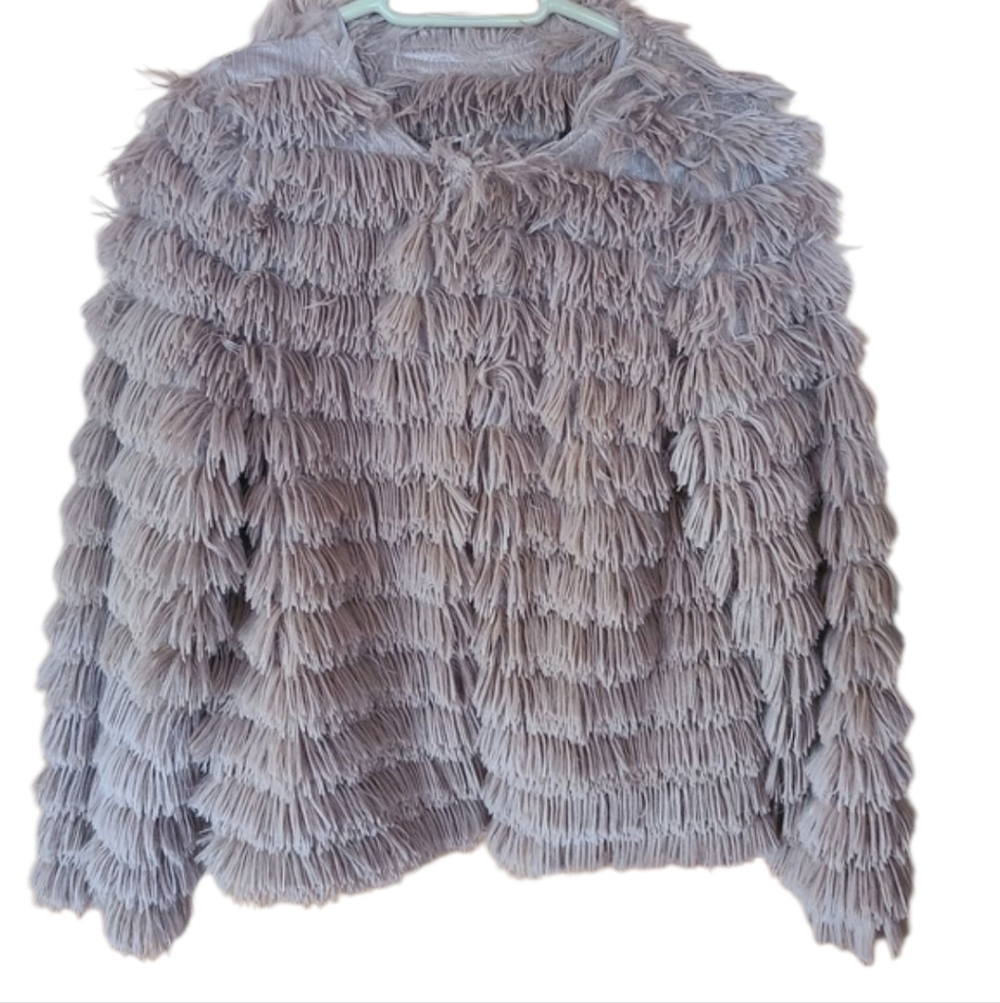 Main Strip Shag Fringe Faux Fur Jacket Tan Taupe Textured Coat M